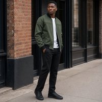 Blouson Bomber d'Hiver Vert Olive pour Homme avec Col Brodé, Fermeture Éclair, Style Aviateur Décontracté, Poches Utilitaires, Manches Longues, Streetwear