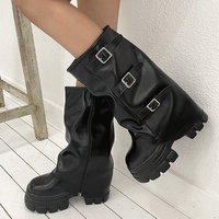 Bottines mi-mollet à plateforme avec boucle décorative pour femmes, fermeture éclair latérale, semelle épaisse et robuste, bottes tendance pour femmes