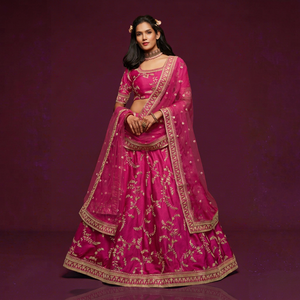 Ensemble Lehenga Choli brodé rose en soie, tenue de mariage pour femmes, robe de fête - Product Image 1