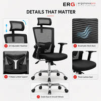 Chaise de bureau ergonomique moderne en tissu et maille avec appui-tête réglable, support lombaire, accoudoirs réglables, pieds chromés et dossier ouvert en aluminium