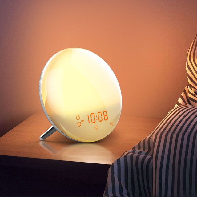 Kids Bedside Bedroom Office Smart Sunrise Simulation Multicolor LED Wakeup Light Digital Alarm Clock with FM Radio
