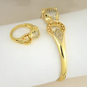 Set Perhiasan dan Cincin Wanita, Set Perhiasan Gelang dan Cincin, Set Perhiasan Berlapis Emas 18K, Zircon Panther Desain Terbaru