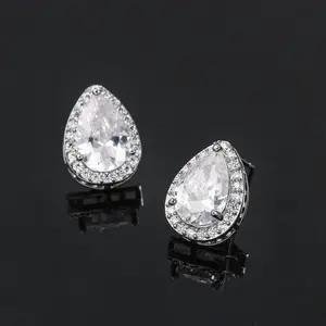 Chất Lượng Cao 8X12 Mét Halo Pear Cut Cubic Zirconia CZ Zircon Pha Lê Wedding Bridal Stud Earring