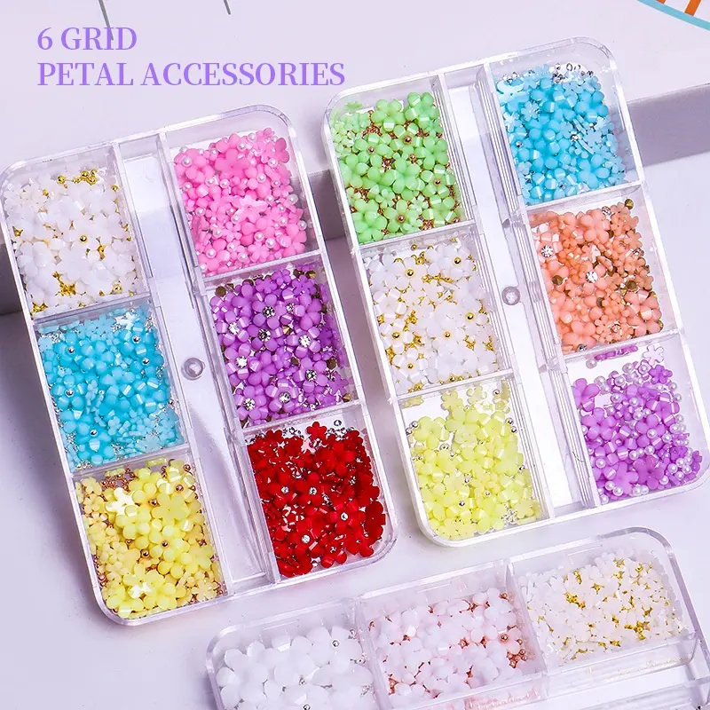 2023 Candy Color 6 Grids Flower Gold Beads Nail Charms Ornament Accessories 3D Nail Art Decoration Flower
