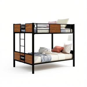 Lit superposé en acier de style moderne, double sur double, avec barrière de sécurité et échelle intégrée, pour chambre à coucher ou dortoir - Product Image 1
