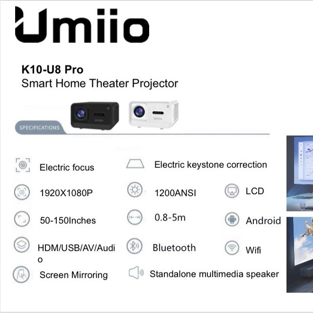 Umiou K10-U8 Pro LCD Portable Projector with Built-in Battery (4-5 Hours)-3000-3500 Lumens HD 1080P Outdoor & Home Use
