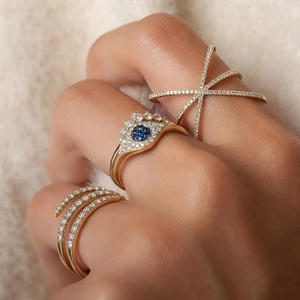 Anello Vintage da Donna Placcato Oro 18k Gioielli alla Moda in Argento Sterling con Occhio Turco e Zircone Blu Scuro - Product Image 1