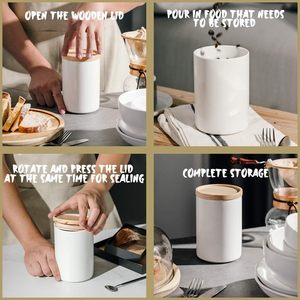 Ceramic Food Storage Jar Stackable Kitchen Canisters <strong>Containers</strong> with Airtight Seal Wooden Lid for <strong>Ground</strong> <strong>Coffee</strong> Tea Sugar - Product Image 6