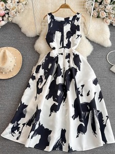 Robes décontractées imprimées sans manches blanches <span class=keywords><strong>et</strong></span> noires à col rond pour femmes - Product Image 6