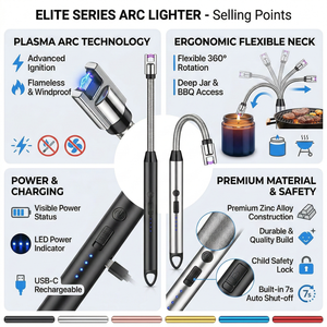 Accendino Elettrico Antivento Alla Moda Ricaricabile USB, Multifunzione Ad Arco Singolo Al Plasma, Accendino Per Barbecue, Candele e Cucina - Product Image 2