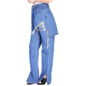 Jeans Baggy de Verano de Alta Calidad, Doble Capa, Diseño Patchwork, Estilo Desgastado, Corte Recto para Mujer - Product Image 4