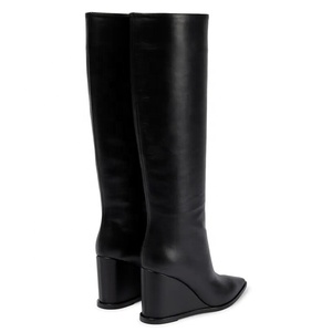 Bottes hautes pour femmes à jambes larges, taille 46, bout pointu sexy, chaussures à talons compensés, bottines en cuir de vache - Product Image 5