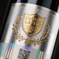 Étiquette métallique holographique autocollante personnalisée en PET avec logo en relief pour boissons, vin, brandy, tequila, bière, anti-contrefaçon, imperméable