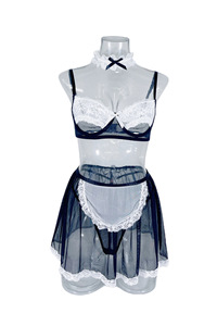 Nightwear Bowknot Halter Lace Bra Tops Sheer Mesh Mini Skirt Low Rise G-<b>String</b> Hair Hoop Womens Maid Cosplay Lingerie Suit - Product Image 5