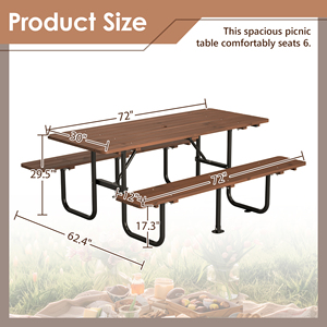 72 In Rectangular Outdoor Picnic <b>Table</b> With Built In Benches Heavy Duty Wooden Dining Set For 6 Person - Product Image 2