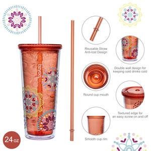 Vaso de acero inoxidable sin BPA ecológico de construcción de plástico duradero con pajita de medallón - Product Image 3