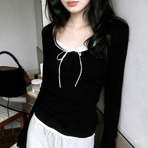 Blusa Casual de Moda para Mujer, Estilo Juvenil y Elegante, con Encaje Dulce, Parches, Lazo, Manga Larga, Corte Ajustado, para Uso Diario, Estilo INS, Atuendo Lindo - Product Image 2