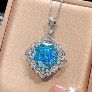 Refined Eco-friendly Copper Gold Plated Floral 16-10MM Sea Blue Zircon Earrings Imitation Gemstone Zircon Jewelry Sets for Women - Product Image 4
