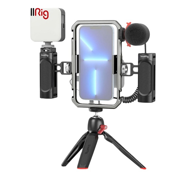 SmallRig Universal Video Kit for iPhone SmartPhone Vlogging and Live Streaming Cage Set with Microphone Light Tripod Side Handle