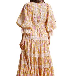 Nouveautés explosives : Robe longue tendance pour femme à manches lanternes, imprimée et à col contrastant - Product Image 3