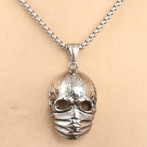Colgante de máscara de acero inoxidable con diseño de calavera, collar retro punk para hombre, patrón geométrico, color acero 231012 - Product Image 1