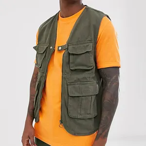 Custom Streetwear Men High Quality Sleeveless Cargo Outerwear Zip Up Denim Jacket Multi Pocket Utility Vest