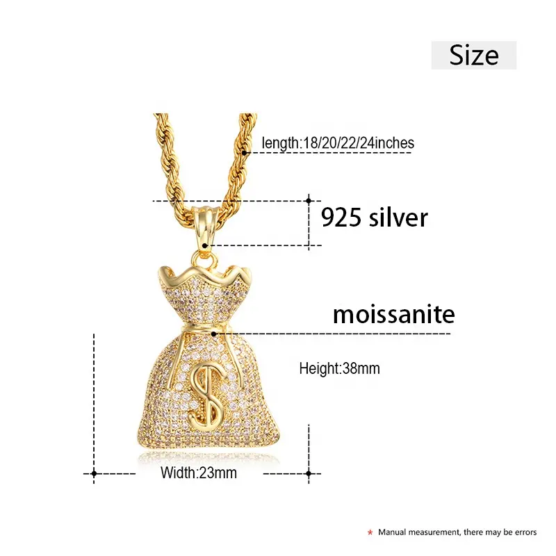 Tas perhiasan Hiphop bergaya mewah, tas uang Hiphop penuh liontin bertatah berlian moissanite dalam perak emas