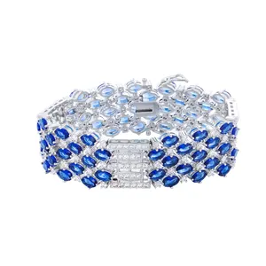 Gorgeous Royal Blue Oval Zircon Wide Top Selling Bracelets for Women Luxury Wedding Party Bridal Jewelry New Bracelet Ideal Gift