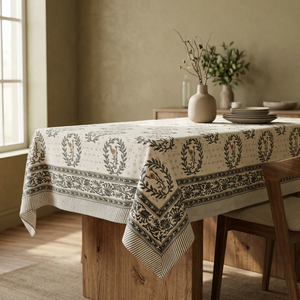 Nappe carrée en coton imprimé de luxe faite à la main, motif floral classique, écologique, lavable, pour usage domestique, design blanc et gris - Product Image 1