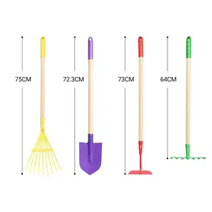 4PCS kids long garden tools Set Include Long Rake Shovel Hoe Leaf Rake with Metal Heads yard tools Educational Toy
