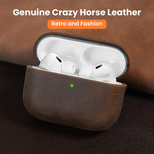 Étui rétro en cuir véritable Crazy Horse pour <span class=keywords><strong>AirPods</strong></span> Pro 2, LED frontale visible, charge <span class=keywords><strong>filaire</strong></span> et sans fil [sans écouteurs] - Product Image 3