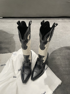 <span class=keywords><strong>Botas</strong></span> de vaquero occidentales con punta en pico bordada Retro de cuero genuino para mujer, <span class=keywords><strong>botas</strong></span> de caballero ajustadas de tacón grueso, <span class=keywords><strong>botas</strong></span> de media pantorrilla - Product Image 4