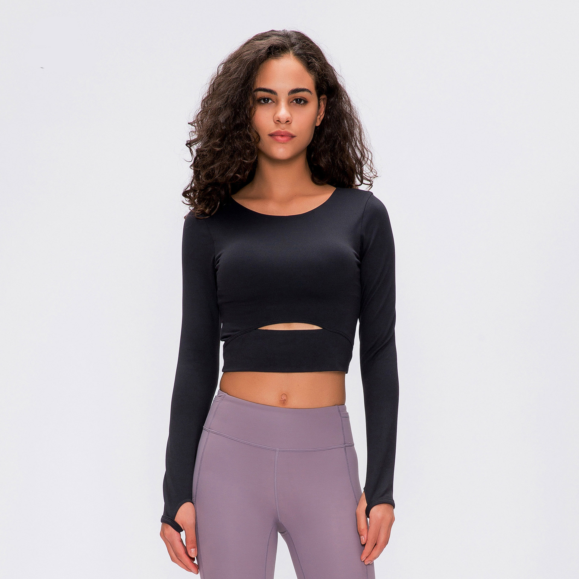 High Quality Spring Sports Wear Round Neck Short Fitness Tank Top with Thumb Buckle Solid Color Long Sleeve Yoga Top for Woman