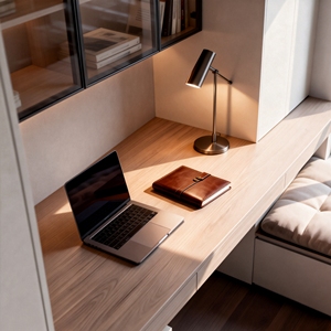 Libreria Moderna Premium con Cornice Nera Effetto Legno Chiaro, Porta in Vetro, Scrivania Integrata, Cassetto, Panca con Finestra, Montaggio a Parete per Camera da Letto - Product Image 4