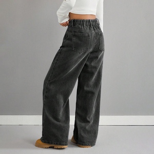 Jean Basique Ample à Jambes Larges Effet Moustaches de Chat pour Filles Préadolescentes, Délavage Vintage Foncé, Coupe Décontractée, Polyvalent, Quotidien, Toutes Saisons, Personnalisable - Product Image 2