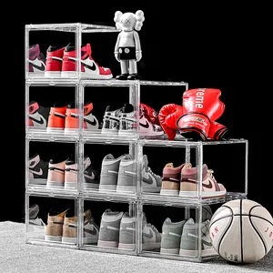 Pet nhựa Stackable hộp giày trường hợp Side Drop Shipping kích thước lớn Giày Organizer Box với cửa từ tiết kiệm không gian giữ giày