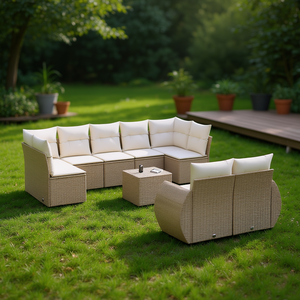 Conjunto de Sofá de Jardín Beige, Mimbre Sintético para Exteriores, Cojín Impermeable, Diseño Contemporáneo - Product Image 2