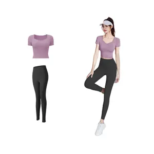 Summer Yoga Pilates Women's Sports Set High Waist and Hip Lifting Running Training Quick Drying Short Sleeve Long Pants