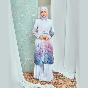 SIPO OEM Fashion Malaysia Muslim Women Dress Blue Printed Top Pleated Skirt Set Women Dress Baju Kurung for Eid