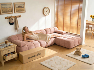 Dusty Pink Bubble-block Velour Compressed <b>Sofa</b> Vacuum Sealed Modular L-shaped Sectional Family Leisure Small Space Couch - Product Image 3