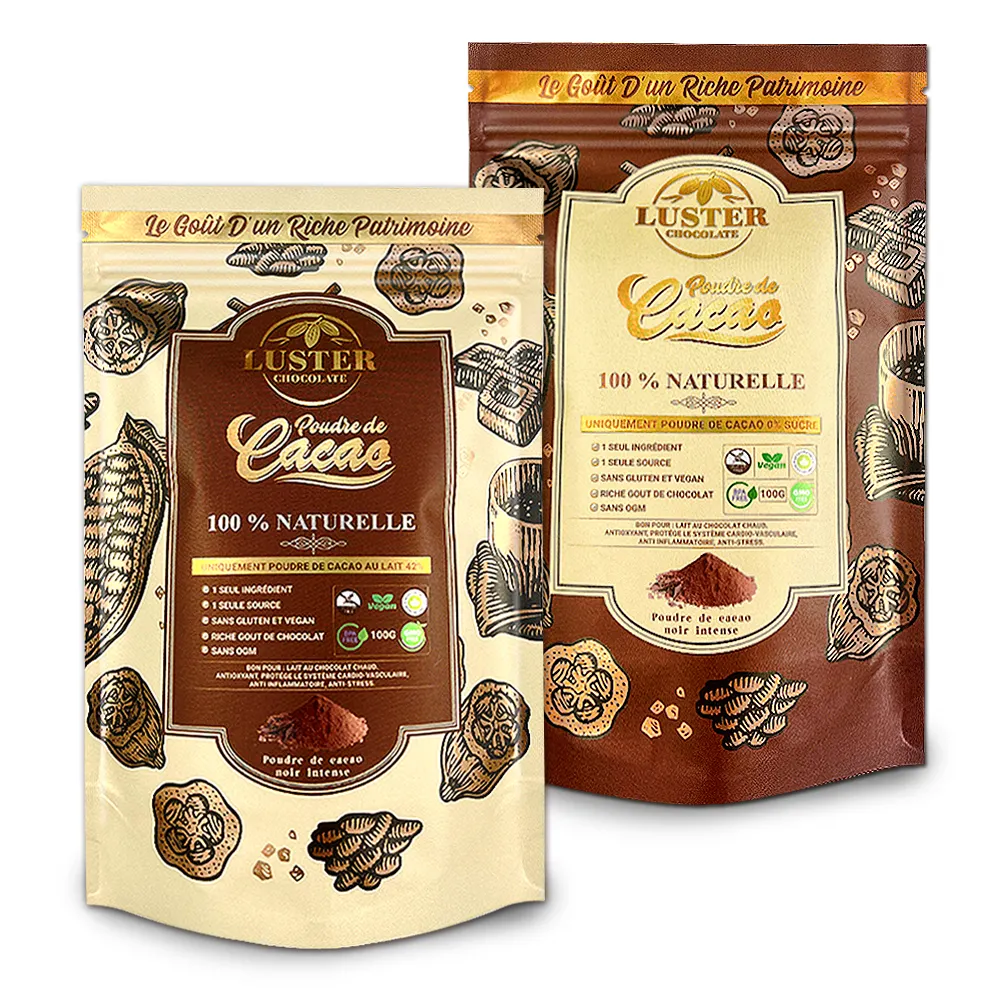 Sacs en plastique avec logo imprimé personnalisé pochette à fermeture éclair feuille d'aluminium sac d'emballage alimentaire anti-odeur poudre de cacao grains de café