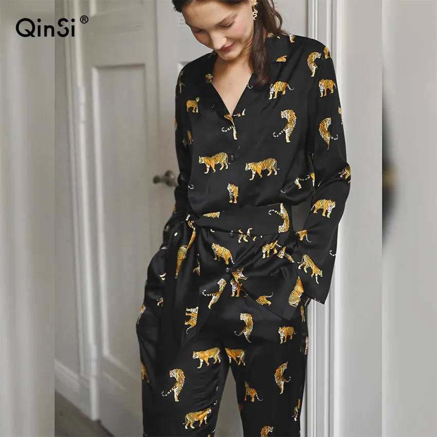 QINSI 2022 Home Suit Sets Pajamas For Sleep 2 Piece Set Women Pajama Tiger Pattern Satin Sleepwear Animal Print Trouser Suits