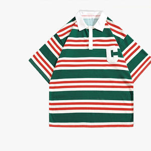 Camiseta Polo de Manga Corta Personalizada con Logotipo Bordado en Toalla, de Algodón Puro a Rayas, con Bloques de Color y Solapa - Product Image 6