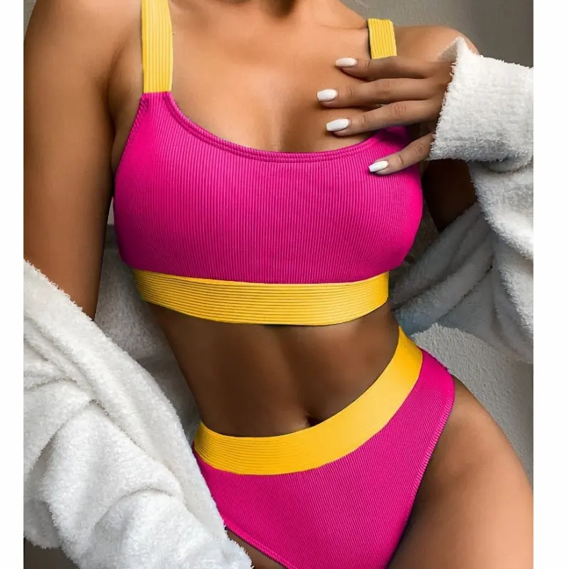 Senhoras Sexy Bikini Beach Swimwear Cintura alta terno colorido Senhoras Simples Split Swimsuit