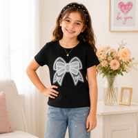 T-shirt d'été pour filles, à manches courtes, col rond, noir, avec un motif de nœud en strass, mignon et tendance