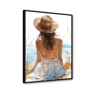 امرأة في ثوب أبيض المشي نحو البحر في إطار غروب الشمس فن الرسم الطباعة - Product Image 2