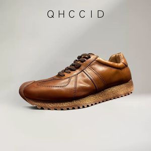 Retro Brown <b>Leather</b> <b>Sneakers</b> Men's Low Heel Lace-Up Casual Sports Shoes Breathable Lightweight Daily Wear - Product Image 2