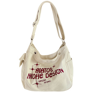 Bolso Tote de Lona Color Blanco Hueso, Gran Capacidad, Bandolera, Diseño con Letras Bordadas, para Uso Diario de Mujer - Product Image 5