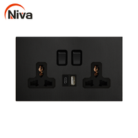 Prise électrique double universelle Niva avec USB Type-C, panneau en acier inoxydable standard UK, interrupteurs muraux et prises domestiques