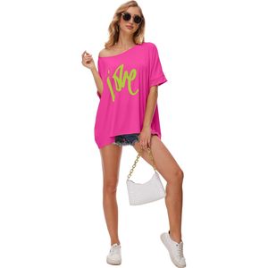 Women's Off The Shoulder Tunic Blouse Neon Pink Love Print Casual Summer <b>Top</b> Breathable Knitted Fabric - Product Image 2
